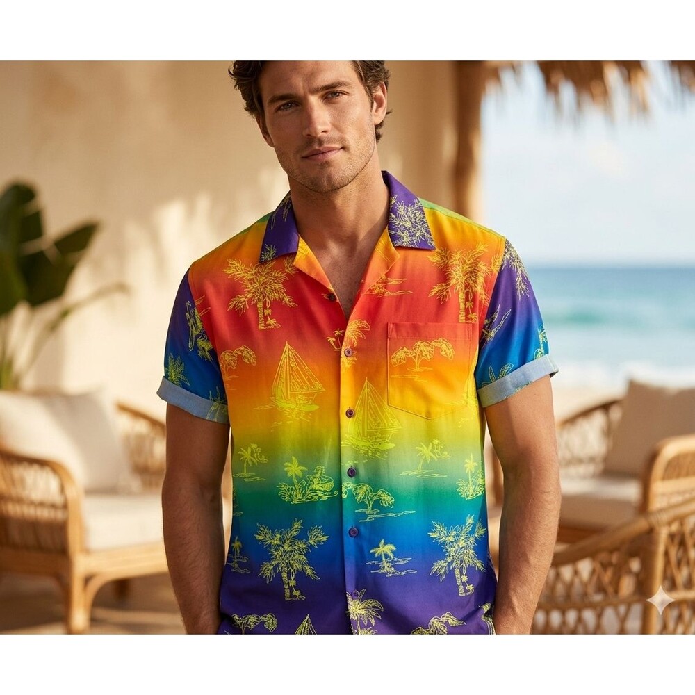 Rima Beachworld Hawaiian Shirt XL Rainbow Gradient Palm Trees Tropical Island
